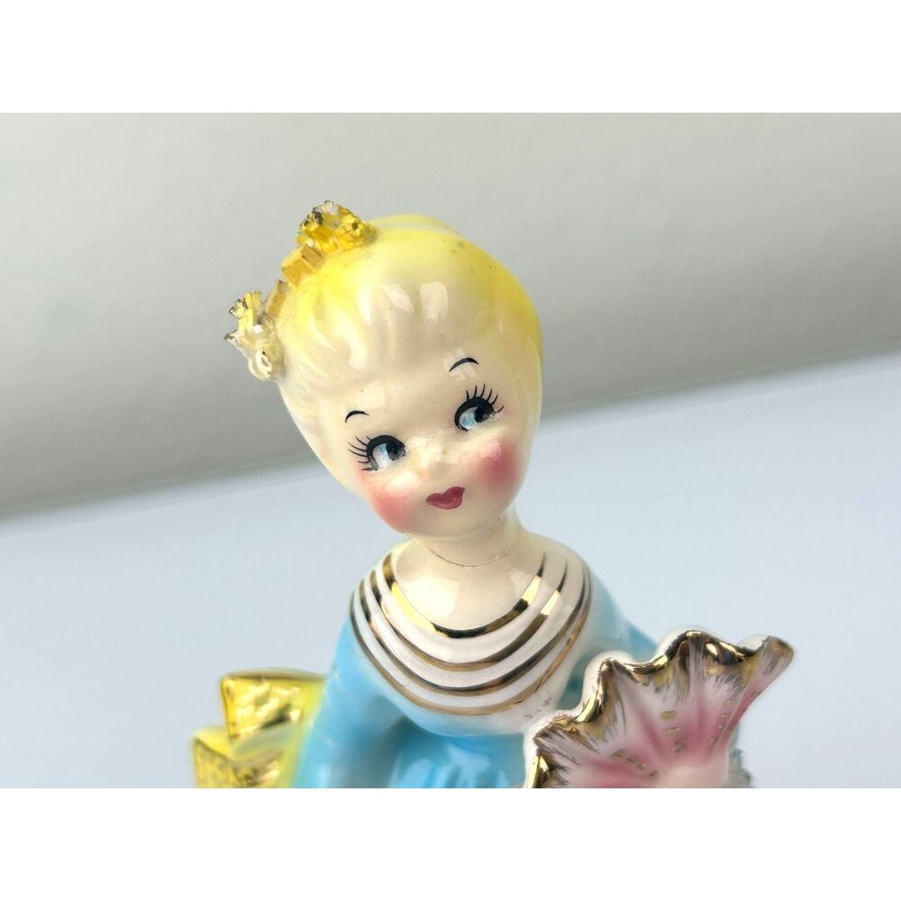 Victoria Ceramics Blue Dress Lady Figure w/ Fan Spaghetti Ceramic REPAIRED READ - Picture 6 of 16